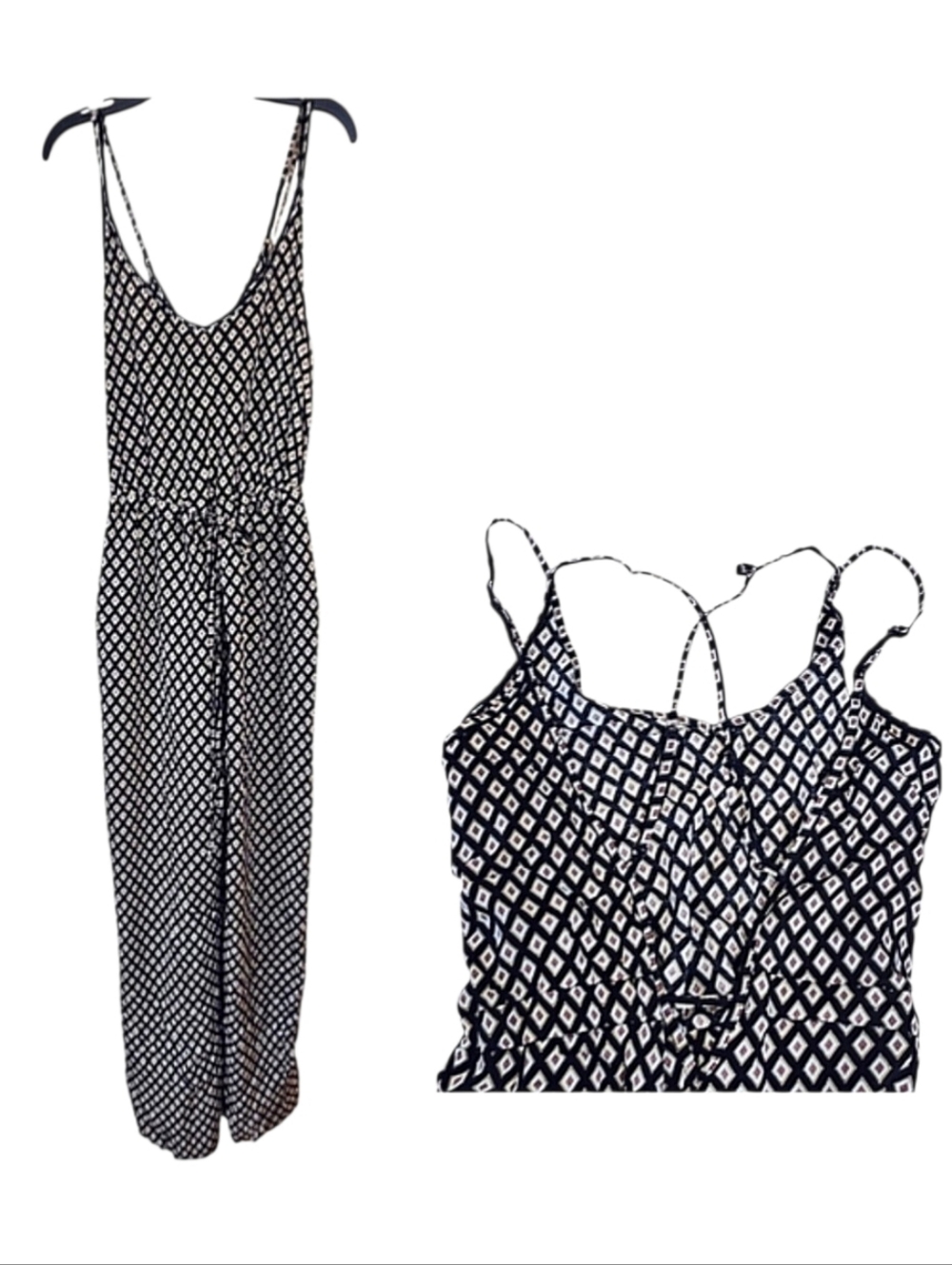 Bishop + Young Silky Rayon Spaghetti Strap Open Back Wide Leg Geometric Jumpsuit
